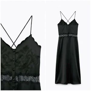 Rare! ZARA Black Satin feel Lace Insert Camisole Button Front Slip Dress sz L